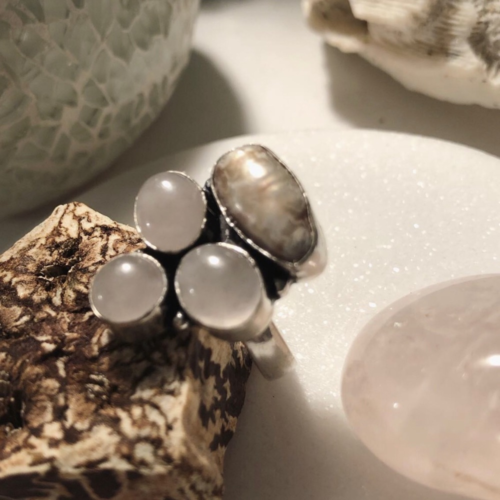 Rose Quartz, Biwa Pearl 925 Silver Ring